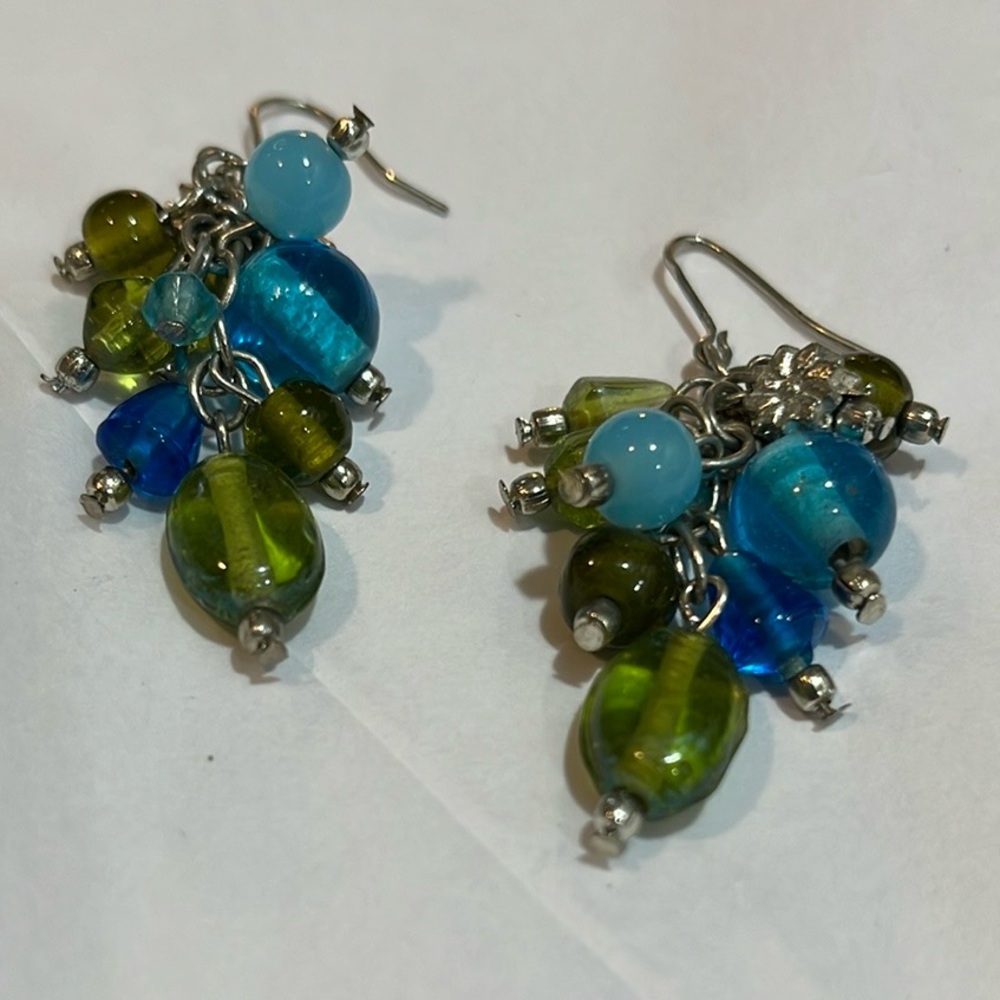 BOHO GLASS BEADED DANGLING STATEMENT EARRINGS BLUE GREEN SILVER TONE
